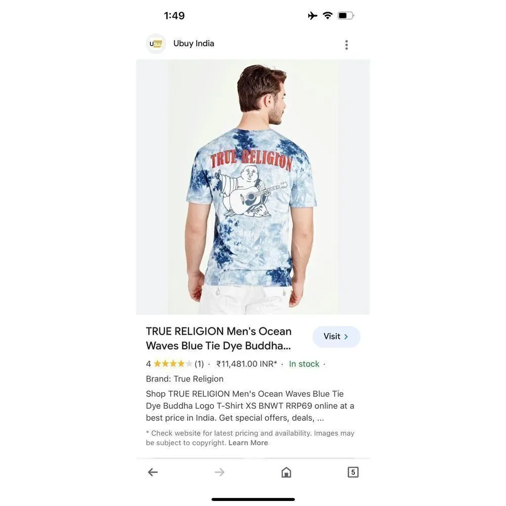 True Religion Men’s Ocean Waves Blue Tie Dye Buddha Tee Shirt Horseshoe Small